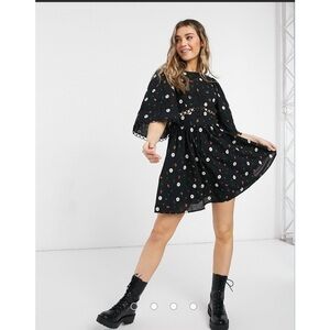 Asos design all over embroidered mini skater dress w/ lace trim in black